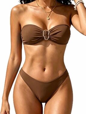 Women's Strapless Brown Bandeau Bikini with Decorative Ring
